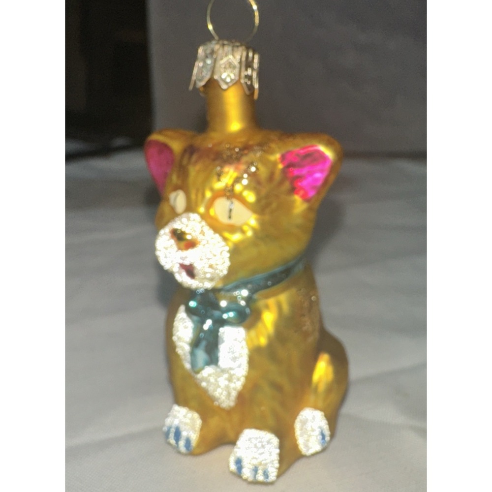 Blown Glass Christmas ornament‎ Gold Kitten Glitter Scarf Pink Ears 3 1/2 "
